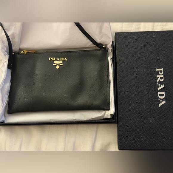 Prada Black Saffiano Leather Shoulder Pouch with Gold Logo - Picture 2 of 2
